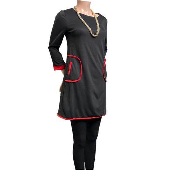 Vintage Mod Mini Dress Black Pockets Color Block Scoop Neck red piping size L - Picture 11 of 17